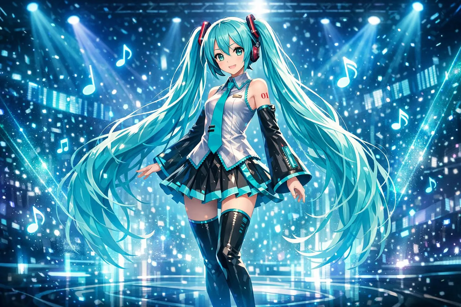 Hatsune Miku on a futuristic neon stage with teal twin tails, holographic notes, particles, and blue light beams